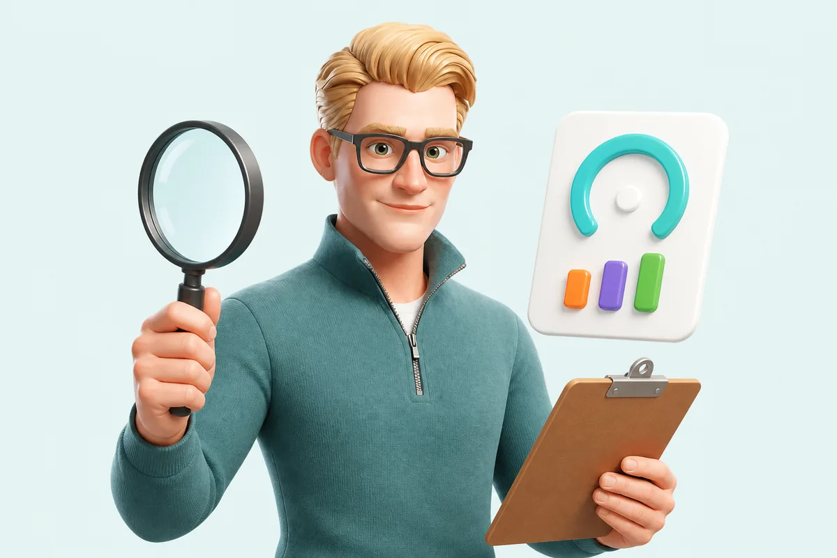 Silas inspecting a video system score with a magnifying glass